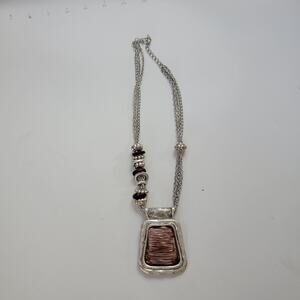 Vintage Silver Pendant Necklace with Red and Brown Double Sided Statement Charm